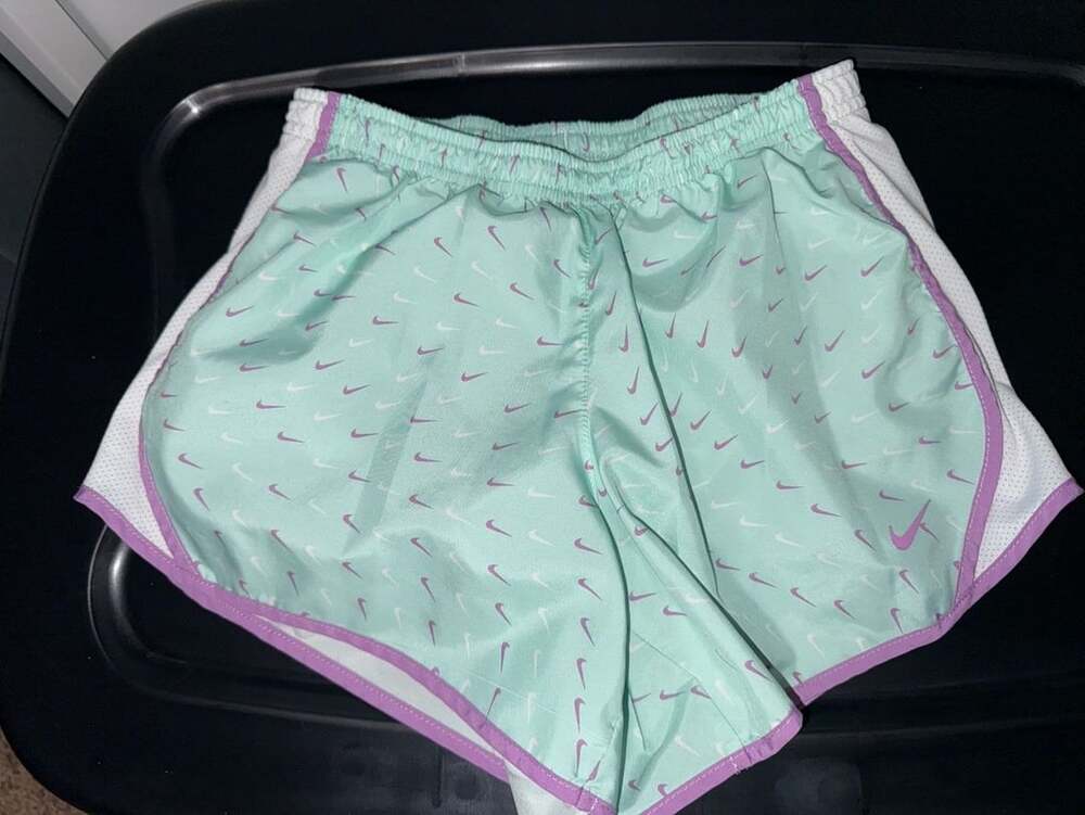 Kids Nike Dri-FIT Tempo Running Shorts Size L Mint Green Purple Swoosh Print